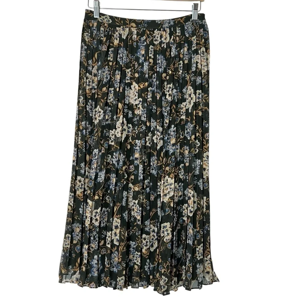 Vineyard Vined Pleated Floral Midi Skirt Green Multi Small Fall Preppy Feminine